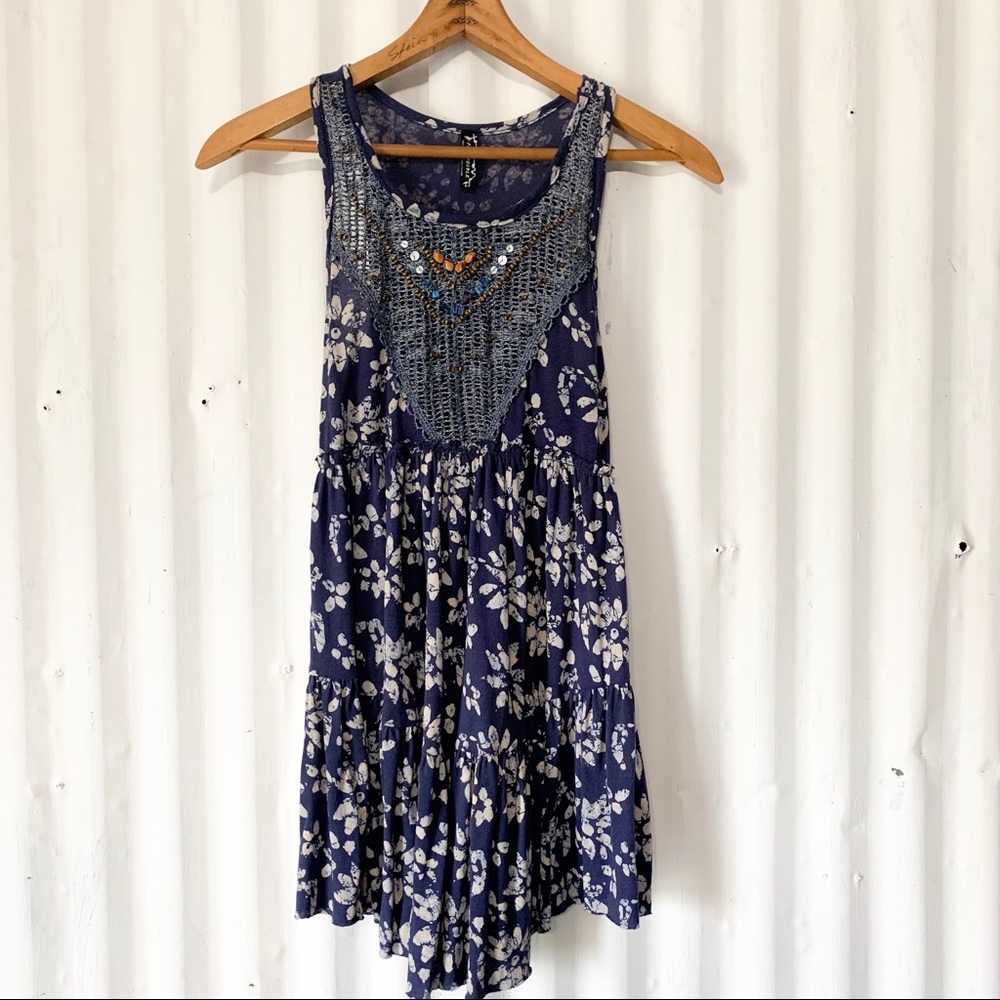 Free People Navy Blue Floral Crochet Yoke Tank Dress